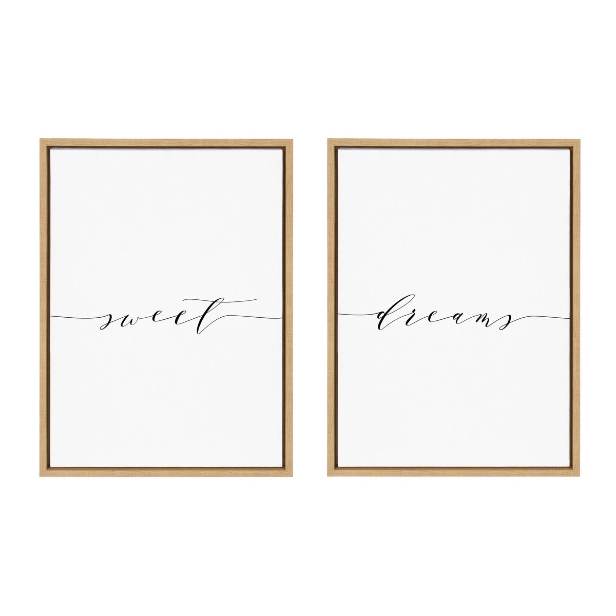 Two framed canvases with thin black cursive script reading 'sweet' and 'dreams' connected by a flowing line on a white background with light wood frames.