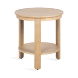 Round light wood side table with a smooth top and lower shelf supported by four straight legs, shown on a white background.