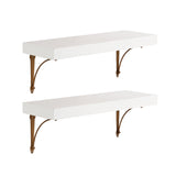 Set of two white rectangular floating shelves supported by brown curved metal brackets with a decorative twist detail beneath each shelf