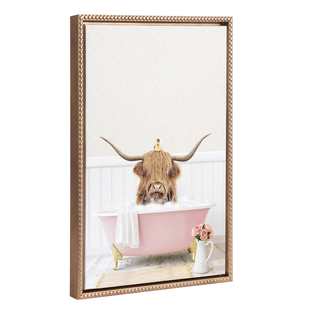 Framed canvas art of a Highland Cow with a duckling in a cottage rose bath, featuring a vintage beaded gold frame.