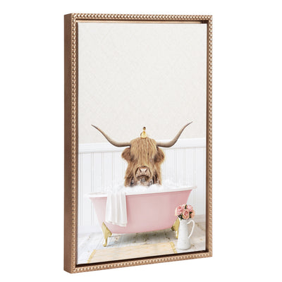 Sylvie Beaded Highland Cow with Duckling Cottage Rose Bath Framed Canvas by Amy Peterson