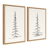 Two vertical canvas artworks each featuring a single minimalist black line sketch of an evergreen tree, framed in light wood against a white background.