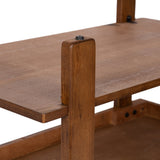 Close-up of a wooden coffee table corner with a thick tabletop resting on a vertical support post featuring a small black knob, showing natural brown wood grain.