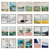 Set of 20 framed abstract and nature-inspired art prints including pastel landscapes, leafy botanical illustrations, and bold geometric shapes with varied color palettes.