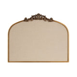 Beige fabric pinboard with a rounded top and an ornate gold decorative scroll motif across the top edge framed in a thin wooden trim.