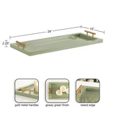 Glossy green rectangular tray with raised edges, gold metal handles, and dimensions labeled 24 by 10 by 2.25 inches.