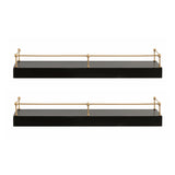 Two black rectangular floating shelves with gold metal railings on all sides, shown in horizontal alignment against a white background.