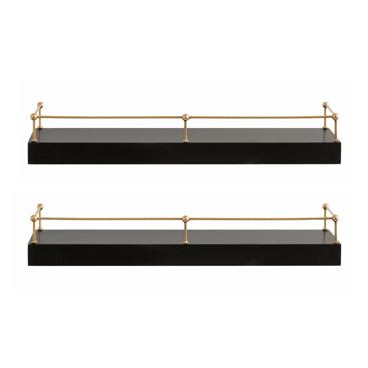 Two black rectangular floating shelves with gold metal railings on all sides, shown in horizontal alignment against a white background.