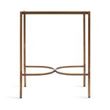 Square metal side table frame with a brown finish and intersecting curved supports at the base, shown from the front against a white background.