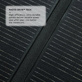 Close-up of black solar panel surface showing fine grid lines and a textured pattern with an informational overlay about durable Photo-Skyn™ technology