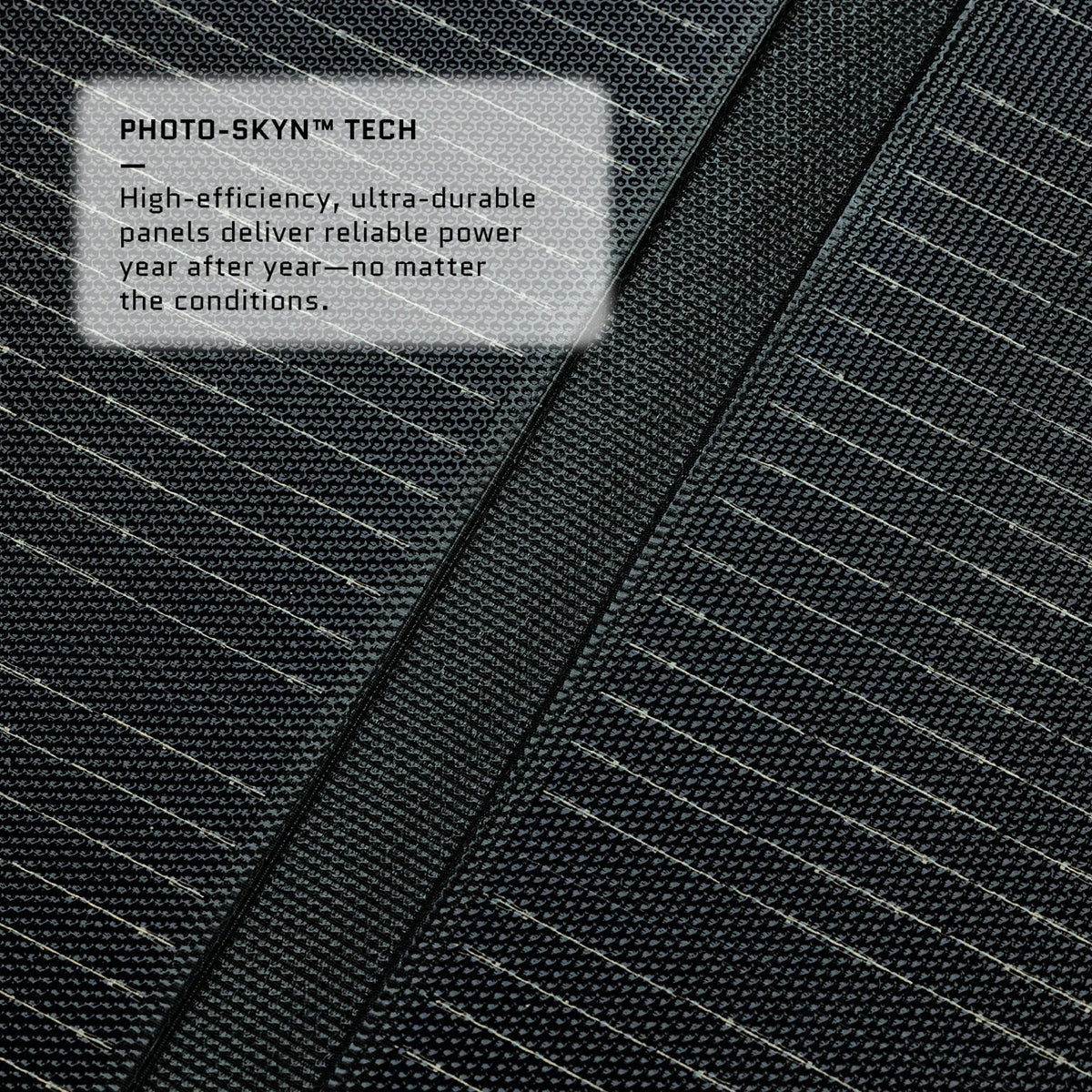 Close-up of black solar panel surface showing fine grid lines and a textured pattern with an informational overlay about durable Photo-Skyn™ technology