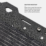 Close-up of a textured black surface with water droplets, showcasing cut-out handles and three metal rivets, highlighting weather-resistant durability.