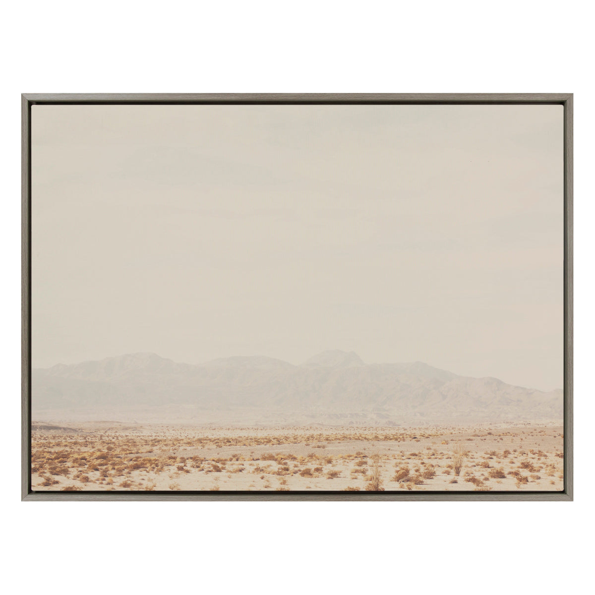 Framed canvas print of a vast desert landscape with sparse shrubs and distant low mountains under a pale, overcast sky by Laura Evans.