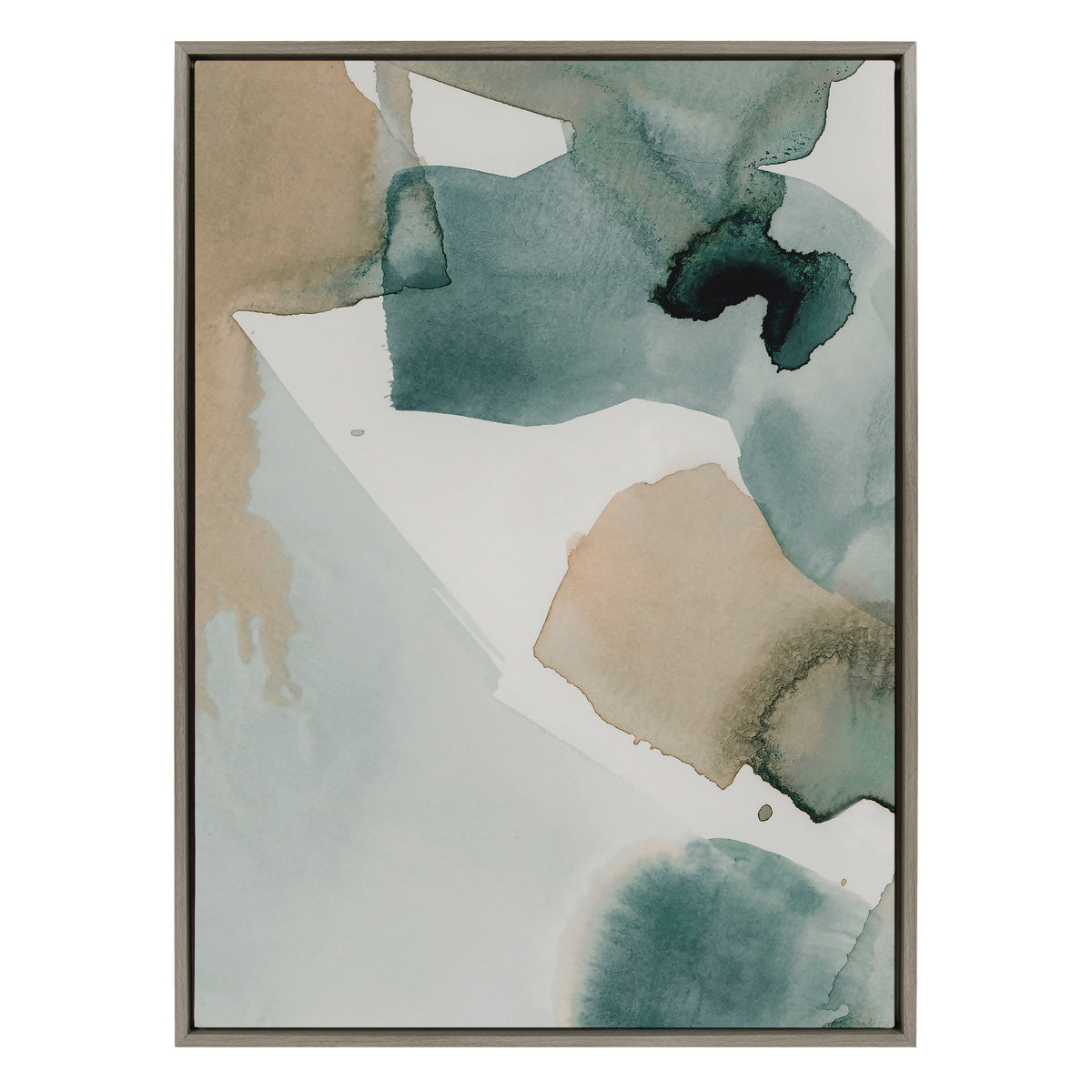 Abstract watercolor canvas with fluid shapes in muted blues, greens, and beige tones, framed in a simple narrow border.