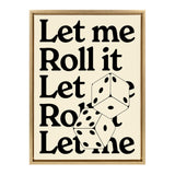 Black text 'Let me Roll it' repeated vertically on cream background, with two overlapping black-and-white dice illustrations in front, framed in light wood.