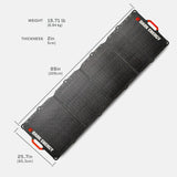 Folded black 200W Dark Energy solar panel with red handles, measuring 89 by 25.7 inches and 2 inches thick, shown flat with weight and dimensions noted.