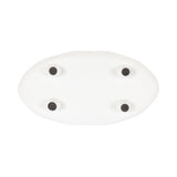 Oval white tray with a smooth surface and four small black circular feet evenly spaced on the underside.