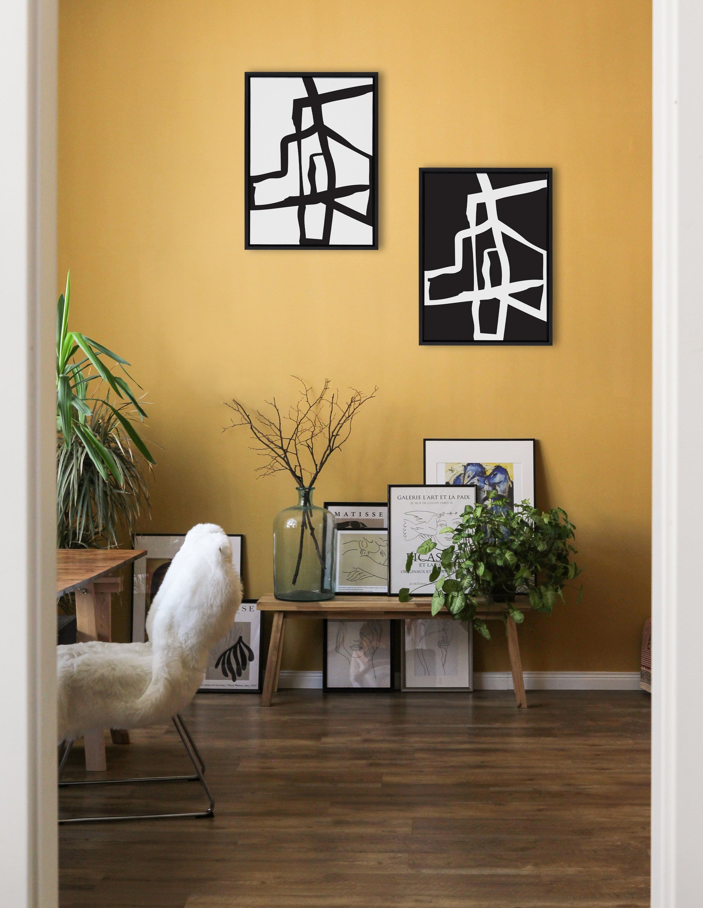 Sylvie Bold Sophisticated Abstract Black and White Stroke Framed Canvas Art Set