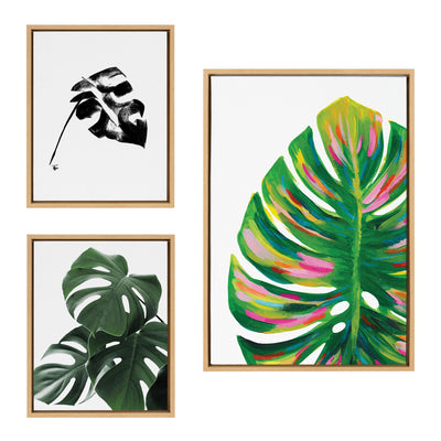 Three framed floating canvas art pieces showing different Monstera leaf illustrations arranged on a white wall.