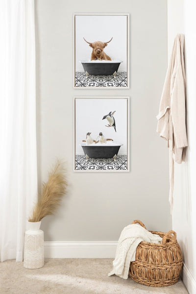 Sylvie Beaded Highland Cow in Black and White Stencil Bath Framed Canvas by Amy Peterson
