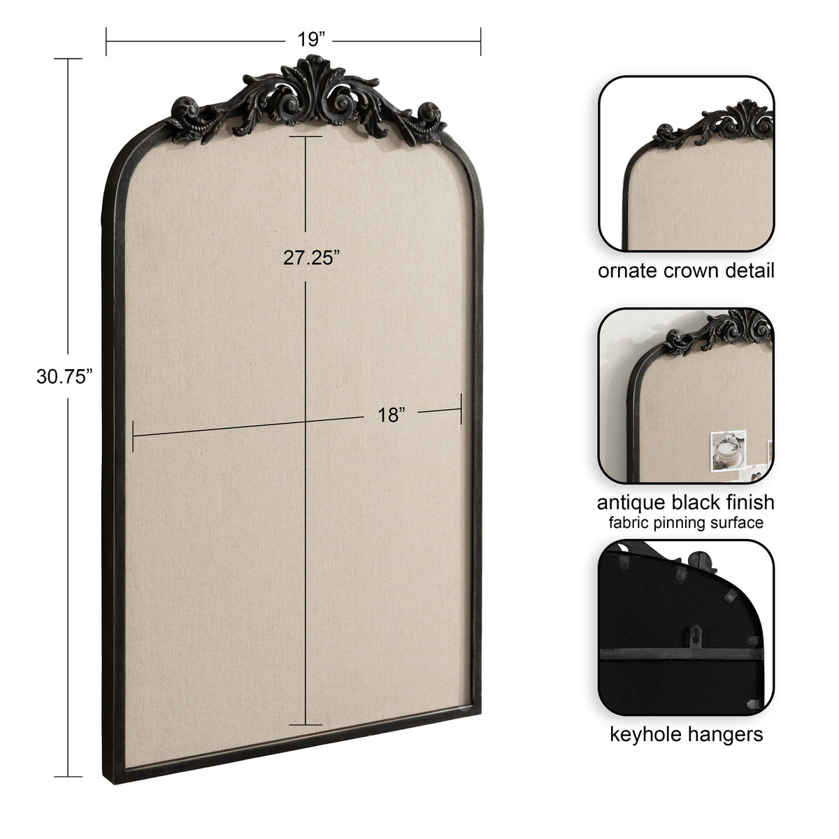 Tall beige fabric pinboard with an antique black arched frame and ornate crown detail at the top, shown with keyhole hangers on the back for mounting.