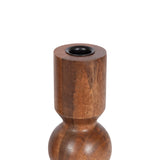 Single wooden taper candle holder with smooth, rounded base and straight cylindrical top featuring a black metal candle cup, shown on white background.