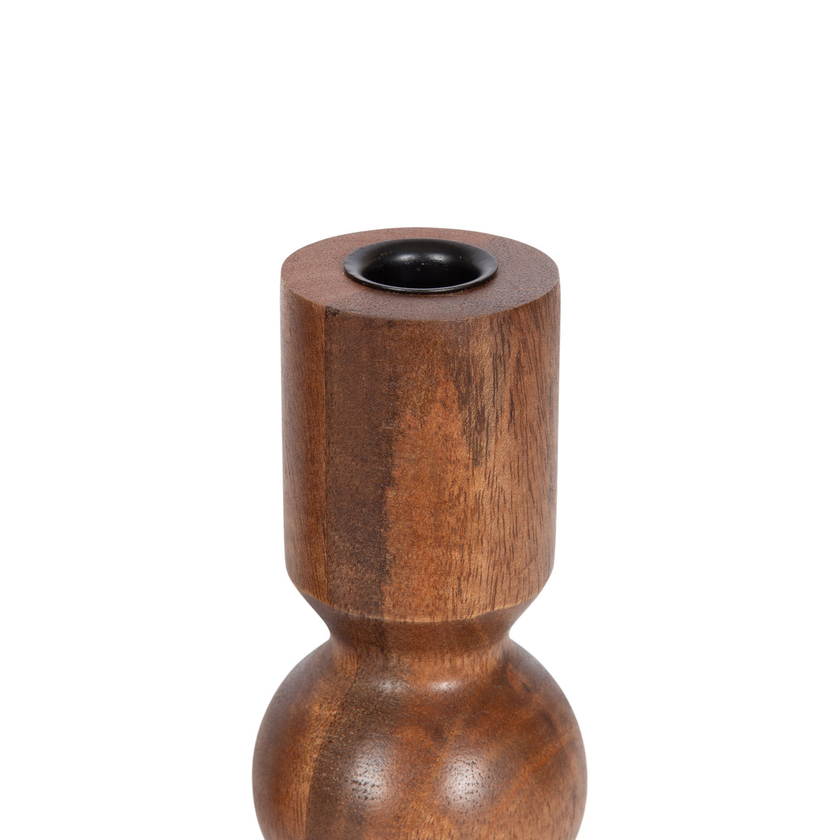 Single wooden taper candle holder with smooth, rounded base and straight cylindrical top featuring a black metal candle cup, shown on white background.