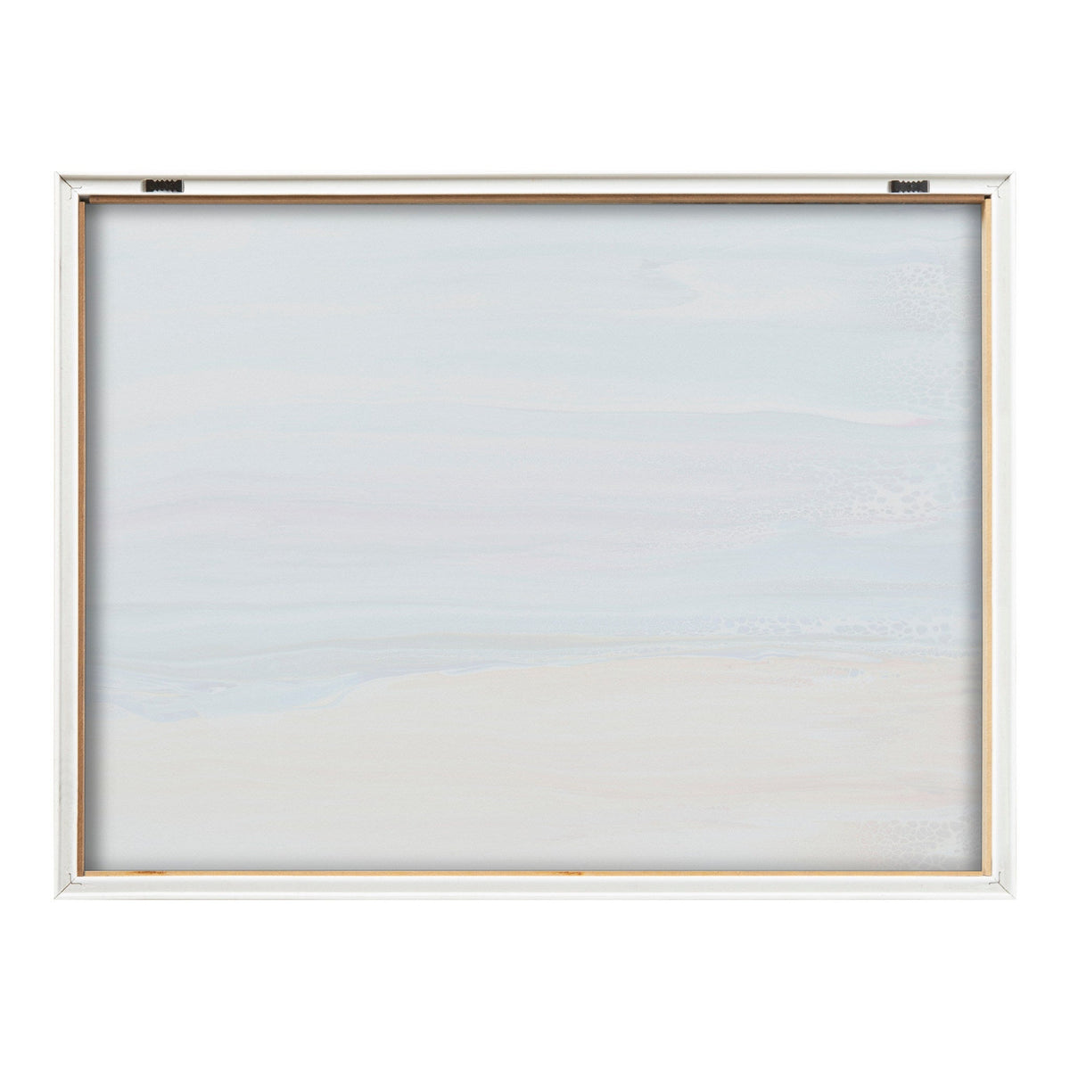 Abstract framed print featuring soft horizontal bands of pale blue, white, and beige evoking a calm beach scene with sand and surf effects.