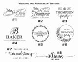 Eight black and white wedding and anniversary text design options featuring various script and serif fonts with floral and decorative elements