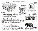 Six black and white Mother's Day graphic designs including floral text, 'Best Mom Ever' with hearts, a wreath initial, loving mom sentiments, Proverbs 31:25 quote, and a floral bear labeled 'Mama Bear'.