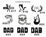 Nine black-and-white Father's Day graphic designs featuring grilling tools, animals, antlers, and stylized word 'DAD' with outdoor-themed icons.