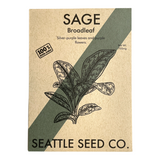 Broadleaf Sage Seed packet and a potted sage plant with velvety grey-green leaves