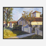 Impressionist painting of a sunlit villa with red tile roof, white walls, trees casting shadows, and a path leading through a gated entrance.