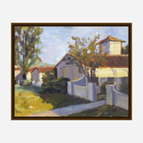 Oil painting of a sunlit villa with a red-tiled roof, white walls, a cross-topped tower, and trees casting shadows near a white fence and pathway.