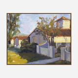 Impressionist-style painting of a sunlit street with houses, white fences, and trees casting shadows in warm, muted colors and soft brushstrokes.