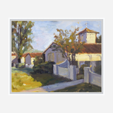 Impressionistic painting of a sunlit villa with white walls, red-tiled roofs, and a cross atop a tower, framed by leafy trees and a white fence cast in warm light.