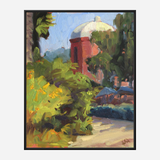 Impressionistic painting of a red tower with a pale dome behind dense green and yellow foliage under a blue sky, using thick textured brushstrokes.