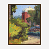 Impressionist-style painting of a sunlit red tower with a white dome, surrounded by lush green foliage and shaded pathway beneath a blue sky.