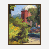 Impressionistic painting of a red brick tower topped with a white dome, surrounded by lush green foliage and under a pale blue sky, framed in wood.