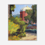 Impressionistic painting of a red tower with a white dome partially obscured by lush greenery, set against a bright blue sky with sunlight casting shadows.