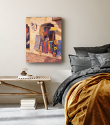 Canvas print featuring colorful sarape blankets and hats displayed on a rustic wall, hung above a wooden bench in a bedroom with gray and mustard bedding.