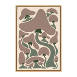 Abstract artwork of various stylized mushrooms in muted taupe and olive green tones on a cream background, enclosed in a simple wooden frame.