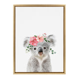 Framed digital art of a gray koala with a pink flower crown and green leaves against a white background.