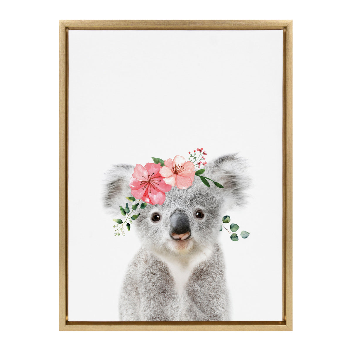 Framed digital art of a gray koala with a pink flower crown and green leaves against a white background.