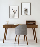 Minimalist workspace with mid-century modern wooden desk and gray cushioned chair, featuring framed canvas prints of a llama and a fluffy owl on the white wall above.