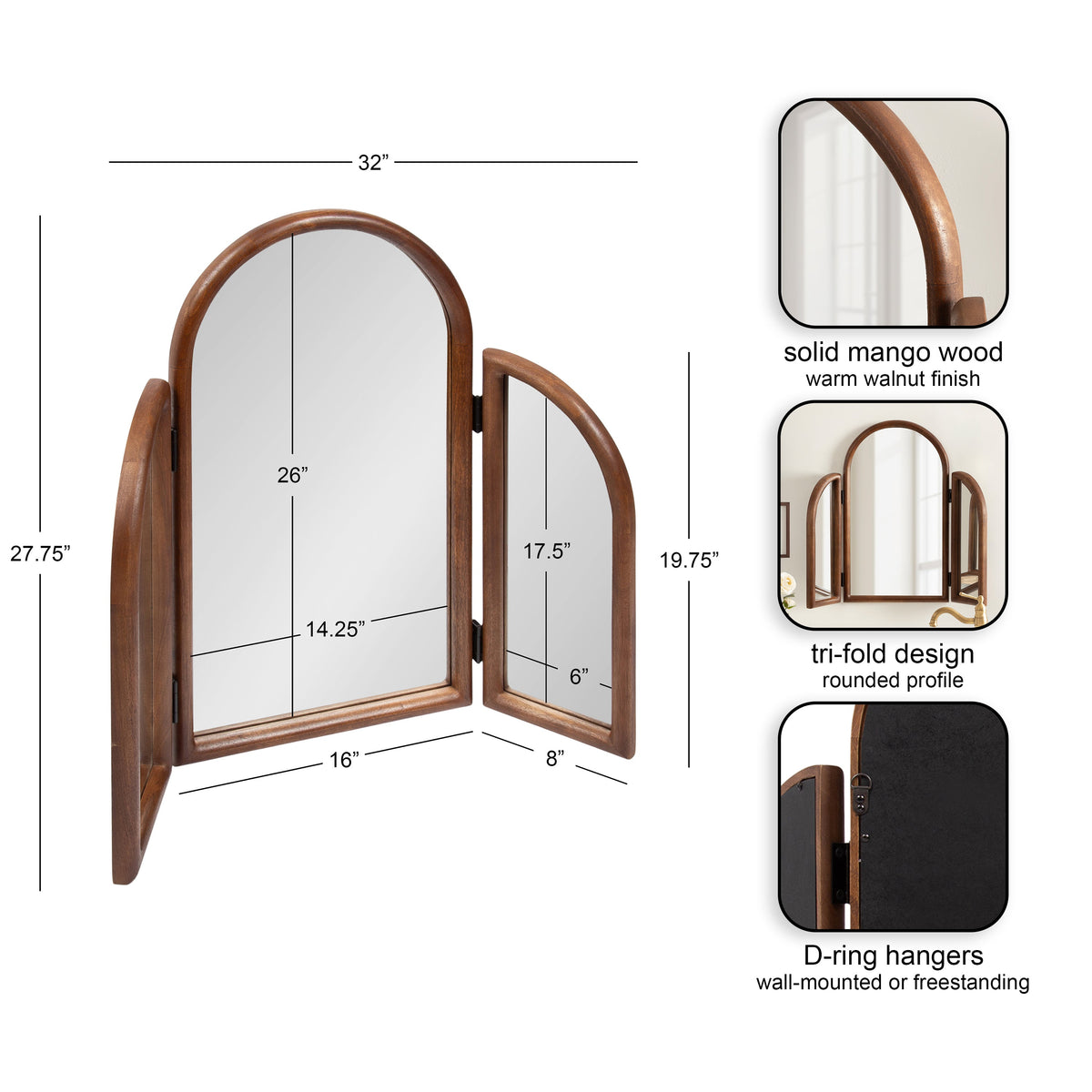 Tri-fold mirror with solid mango wood frame in warm walnut finish, featuring rounded top edges and D-ring hangers for wall mounting or freestanding use, with dimensions shown.
