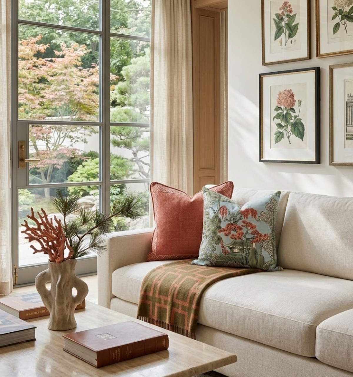 Light beige sofa with a robin's egg blue floral pillow and a solid rust-colored pillow, accented by a green and rust plaid throw on the seat, beneath botanical wall art.