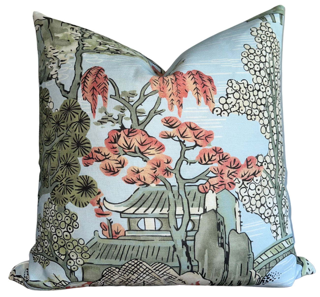 Asian Scenic Pillow Cover in Robins Egg showing blue floral pattern and ivory linen backing