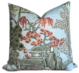 Asian Scenic Pillow Cover in Robins Egg showing blue floral pattern and ivory linen backing