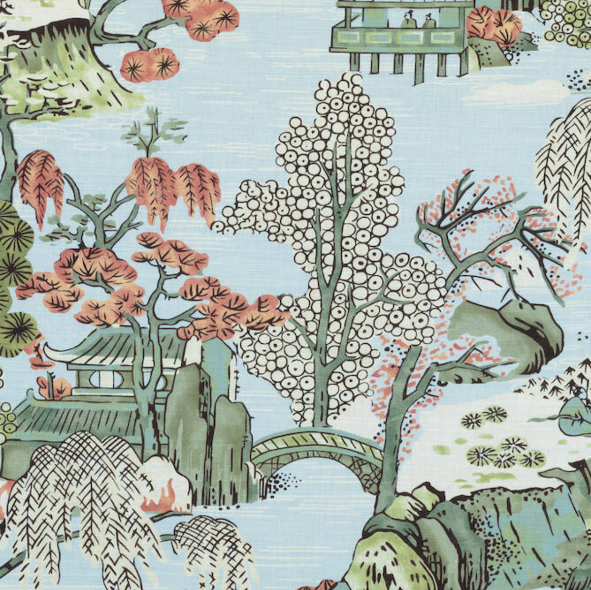 Fabric pattern featuring Asian landscape with stylized trees in coral and white, green pagodas, rocky hills, and arched bridges on a pale blue background.
